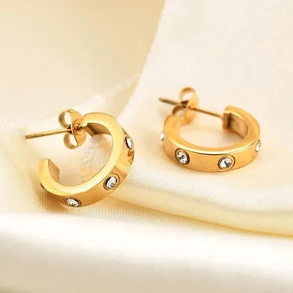💎212💎 PETITE LOVE EARRINGS DIAMOND 18K GOLD C-HOOP